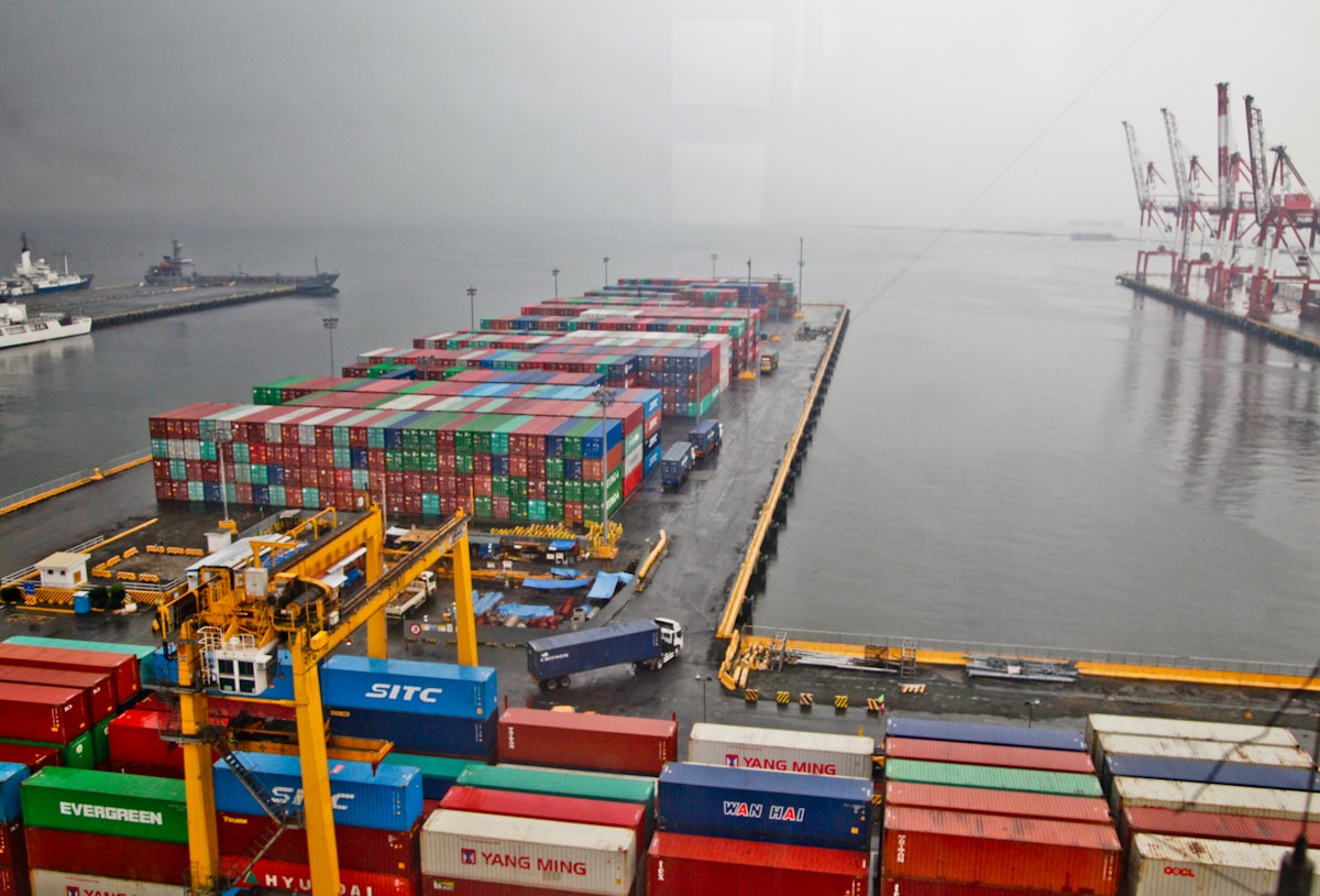 Containers and cranes at a cargo port